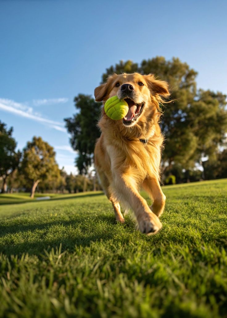 Golden retriever running outdoors with a ball