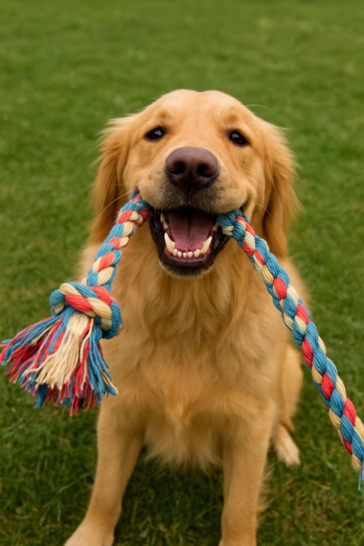 Golden retriever playing with a colorful rope toy